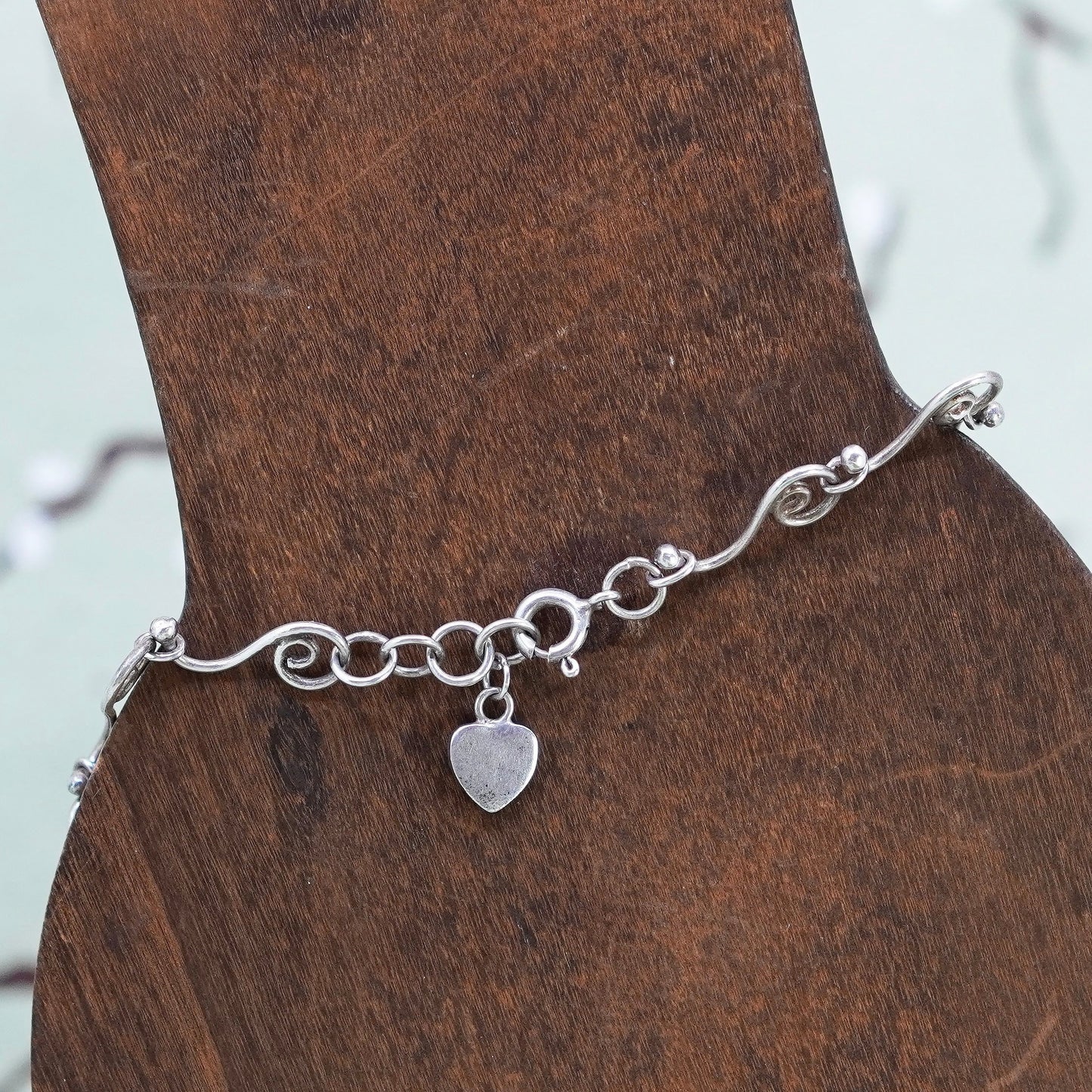 9.5”, vintage 925 Sterling silver swirl circle chain bracelet anklet