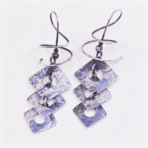 Vintage Sterling Silver Handmade Earrings, 925 Silver Swirl Whirly Dangles