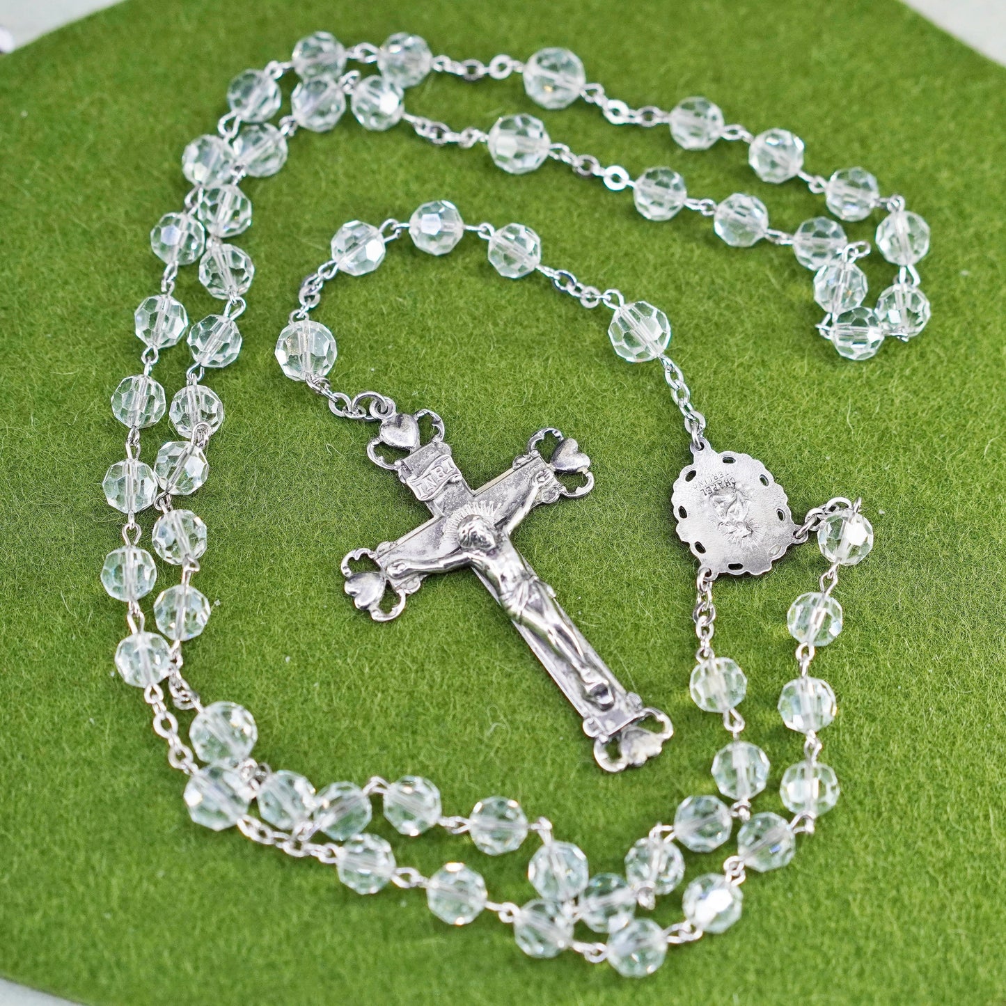 28”, Chapel sterling 925 silver rosary necklace w/ cross pendant crystal beads
