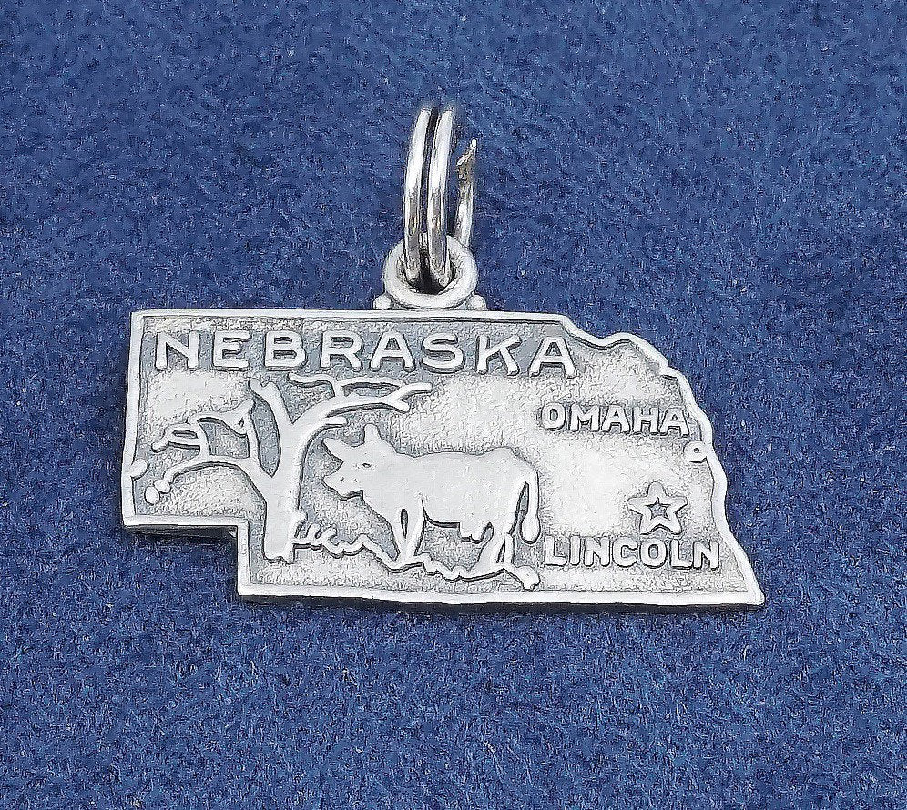 vtg sterling silver handmade pendant, 925 Nebraska state tag charm