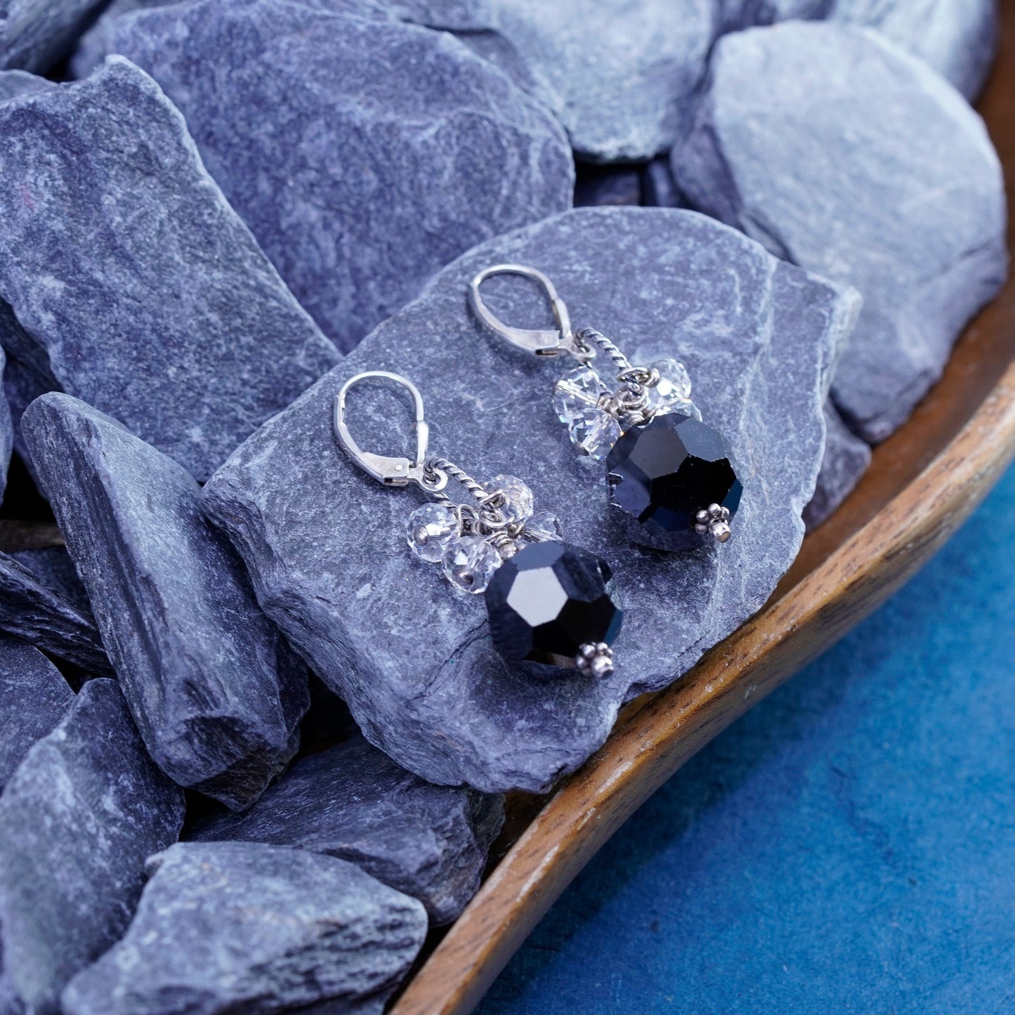 Vintage Sterling 925 silver handmade earrings w/ black crystal cluster crystal