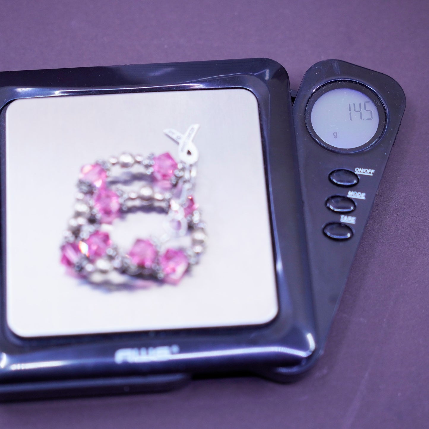6.75”, Sterling silver bracelet, 925 beads crystal breast cancer ribbon charm