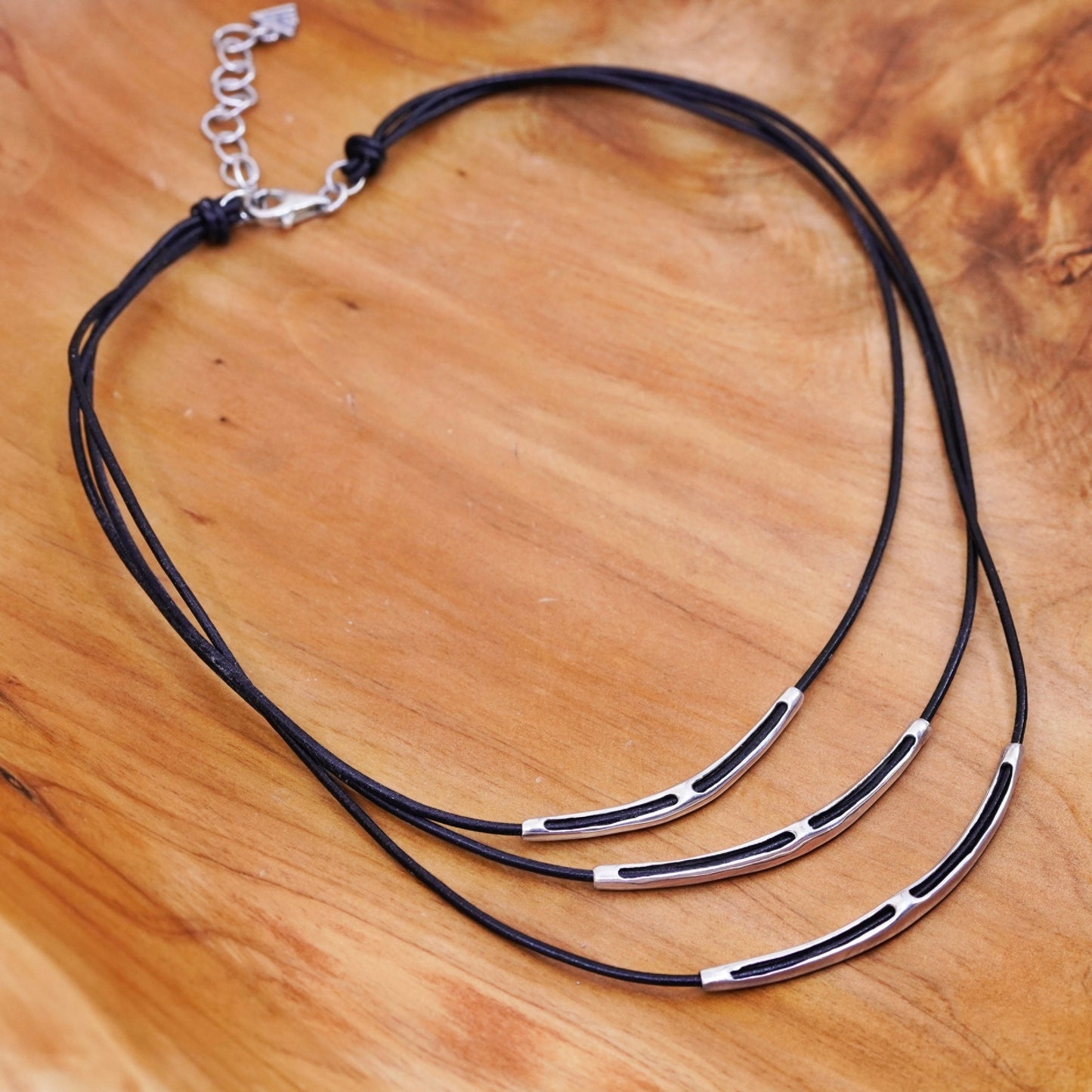 16+2”, Silpada Sterling 925 Silver Black Leather Cord 3 Bar Necklace N1571
