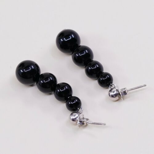 Vtg Southwestern Sterling 925 Silver Handmade Earrings W/ Obsidian Bead