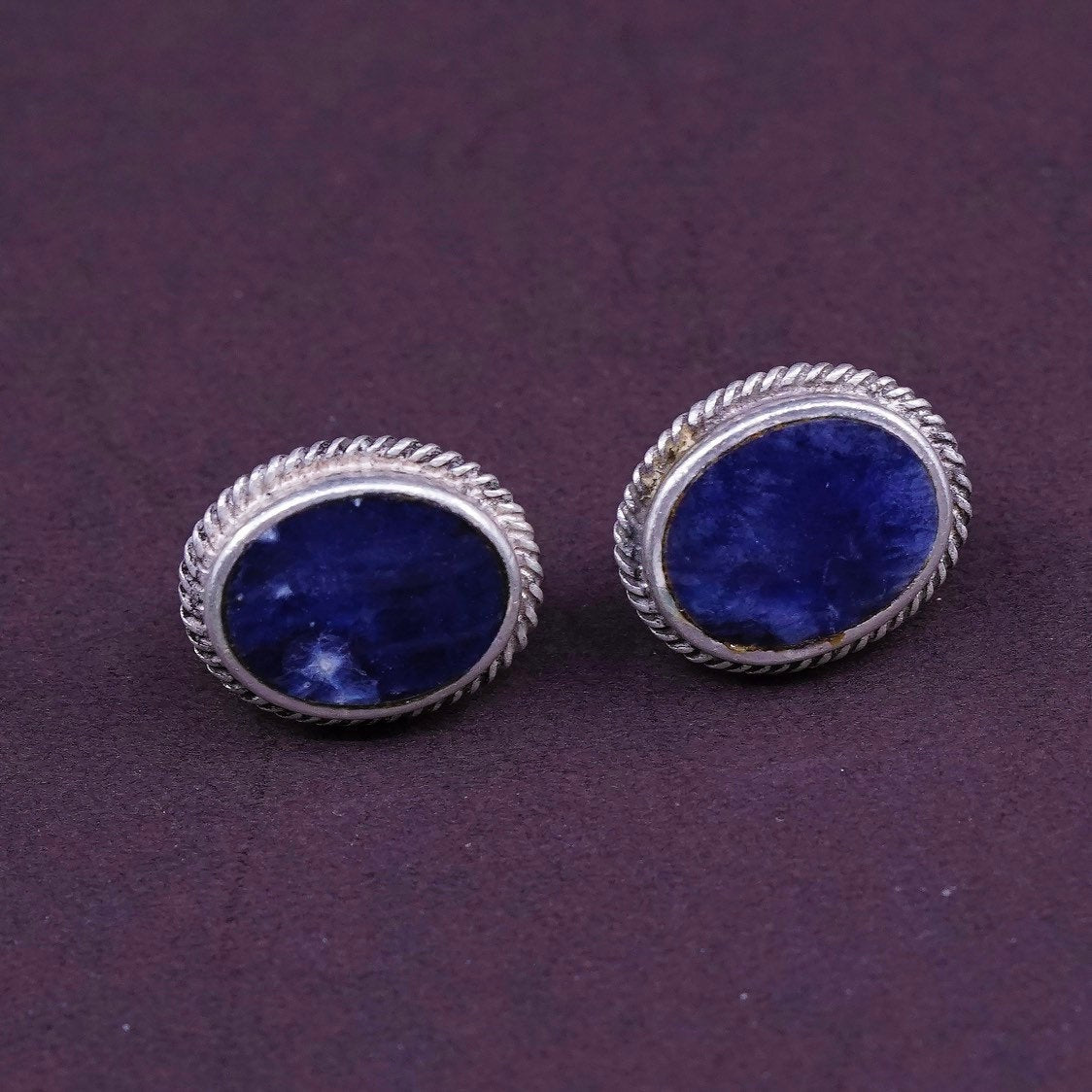 PB Sterling silver handmade earrings, southwestern 925 w/ oval Sodalite studs