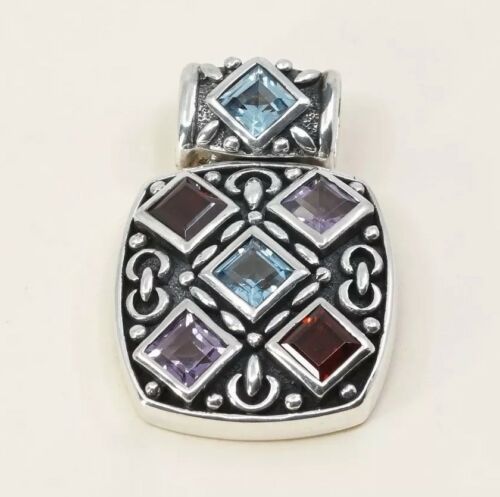 Vtg Handmade Sterling Silver 925 Bali Marquis Filigree Pendant W/ Ruby Sapphire