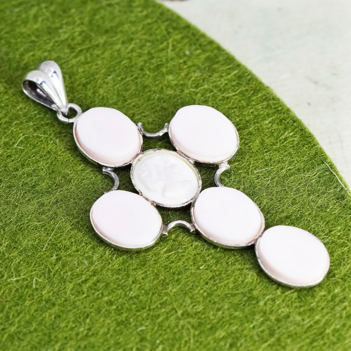 Italy sterling 925 silver handmade cross pendant w/ pink cameo mother of pearl