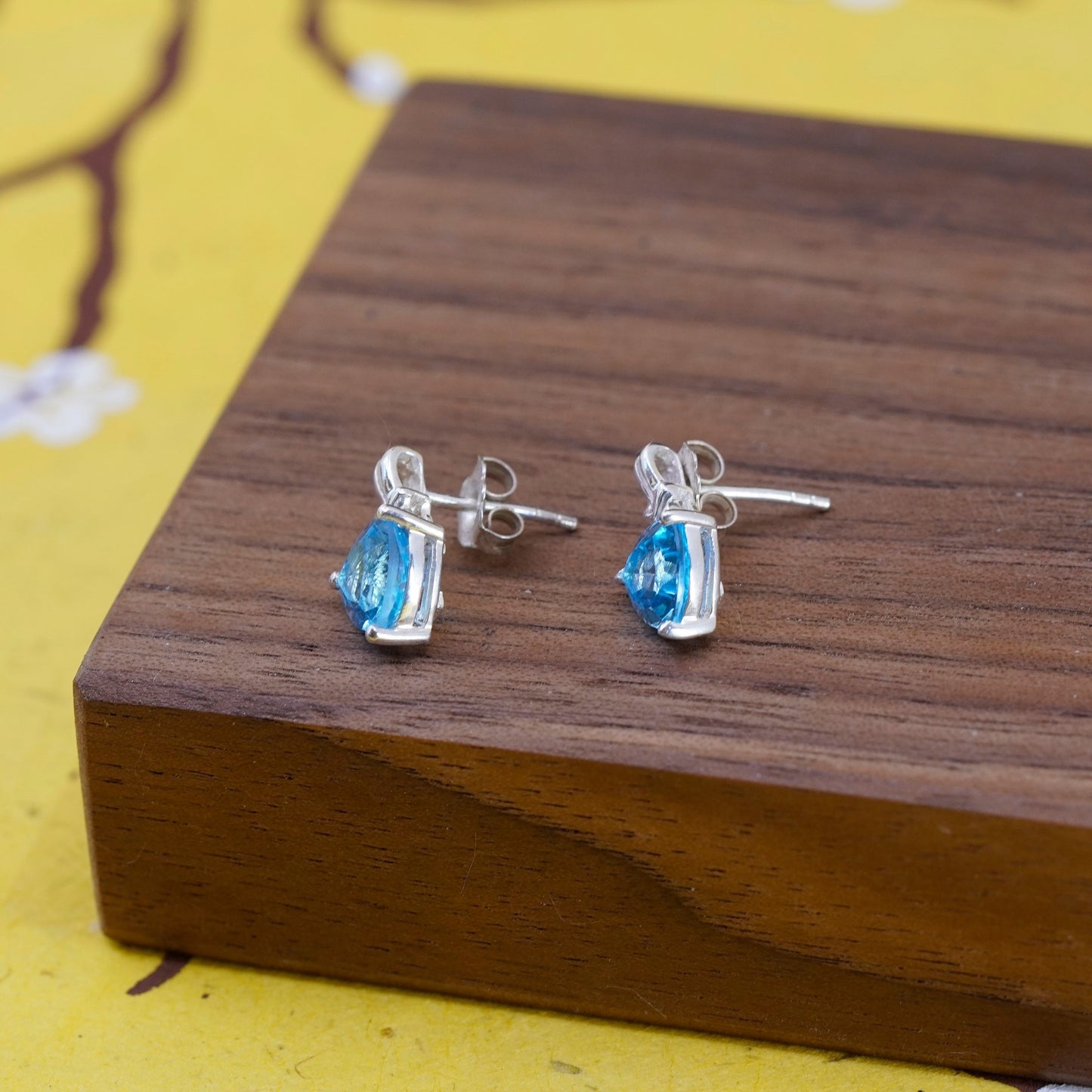 vintage Sterling 925 silver earrings, blue heart topaz studs