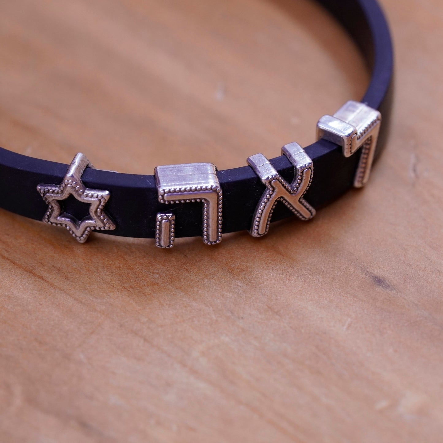 6.5”, vintage black rubber bracelet with sterling 925 silver hexagram charms
