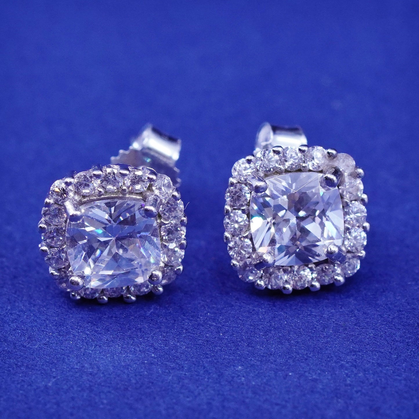 Vintage sterling silver handmade earrings, 925 studs with cluster CZ inlay