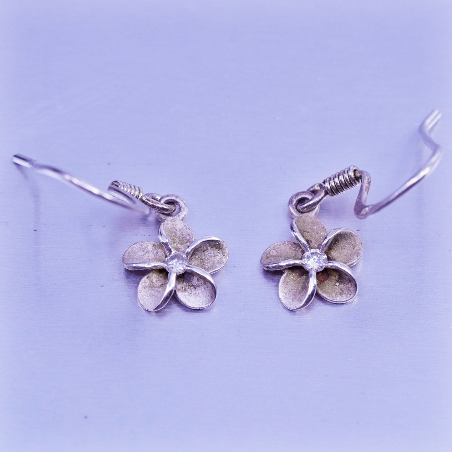 Vintage Sterling 925 silver handmade plumeria flower earrings with cz
