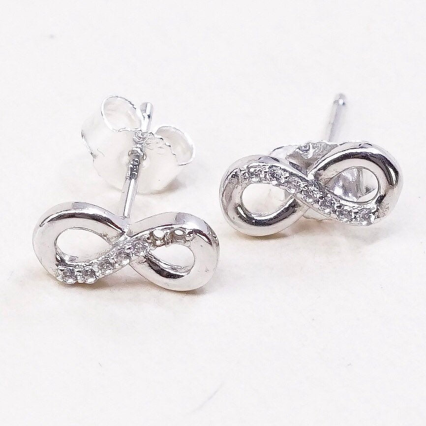 8mm, sterling 925 silver earrings w/ clear crystal infinity symbol studs