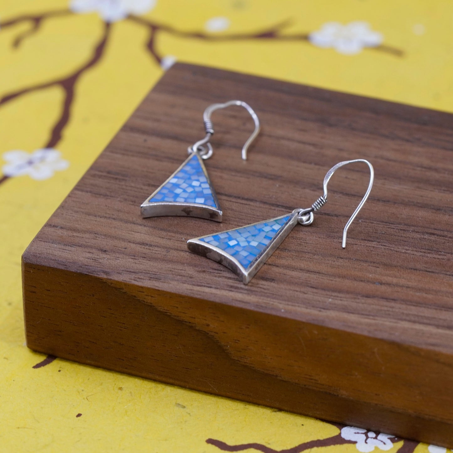 Vintage Sterling silver handmade earrings, 925 triangular mother of pearl