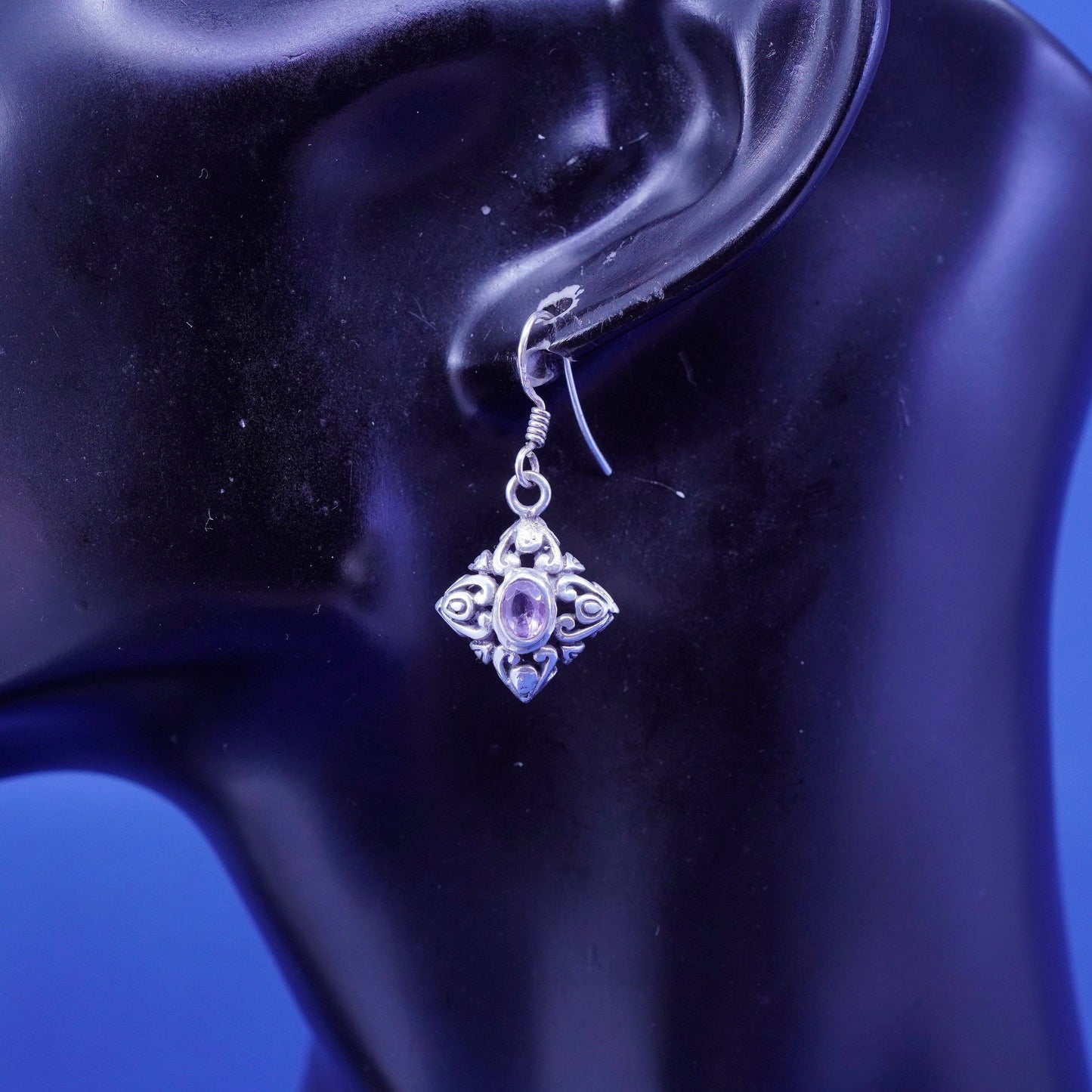 sterling silver handmade earrings, bali 925 filigree diamond drops amethyst