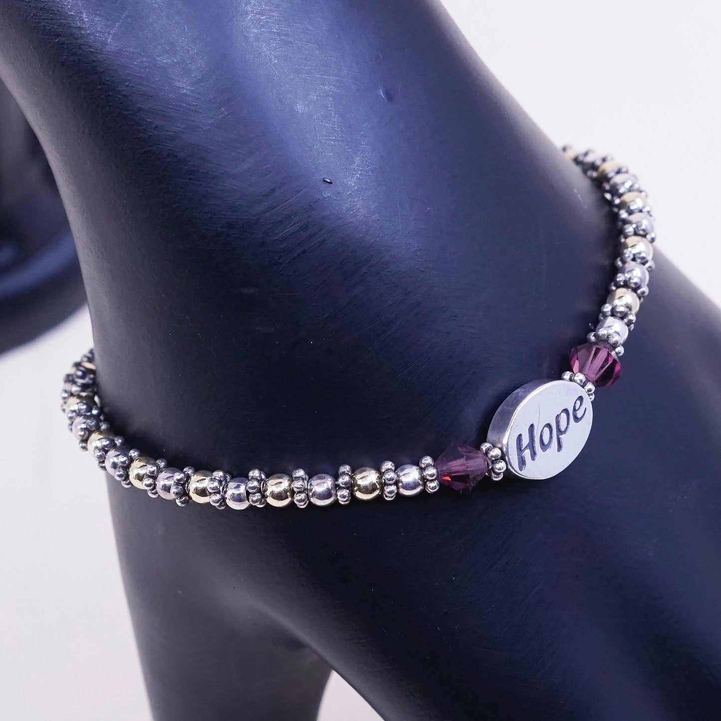 6.5”, 2mm, sterling silver bracelet, 925 beads w/ hope charm, handmade jewelry