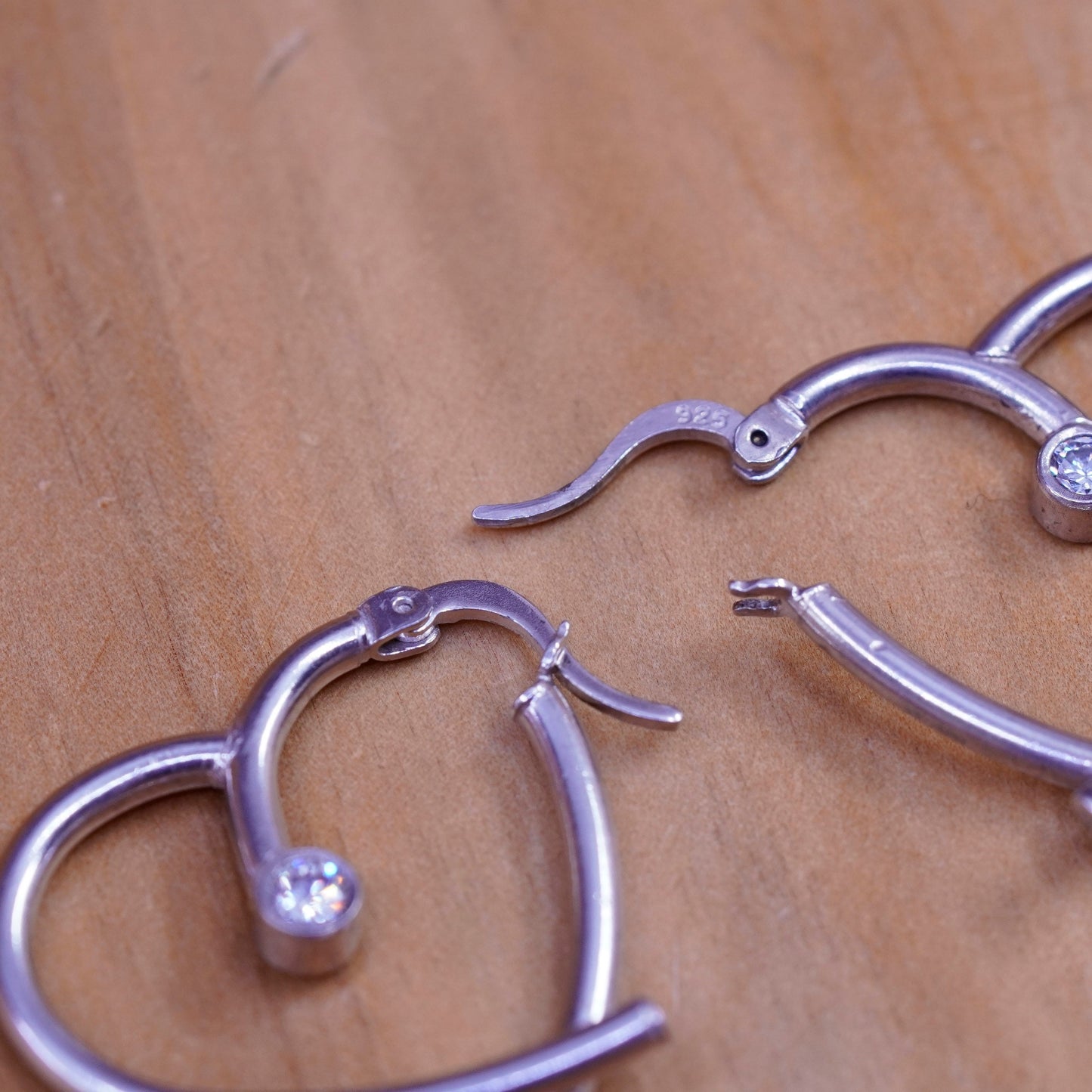 1”, vintage Sterling 925 silver heart hoop earrings with cz, 925 huggie