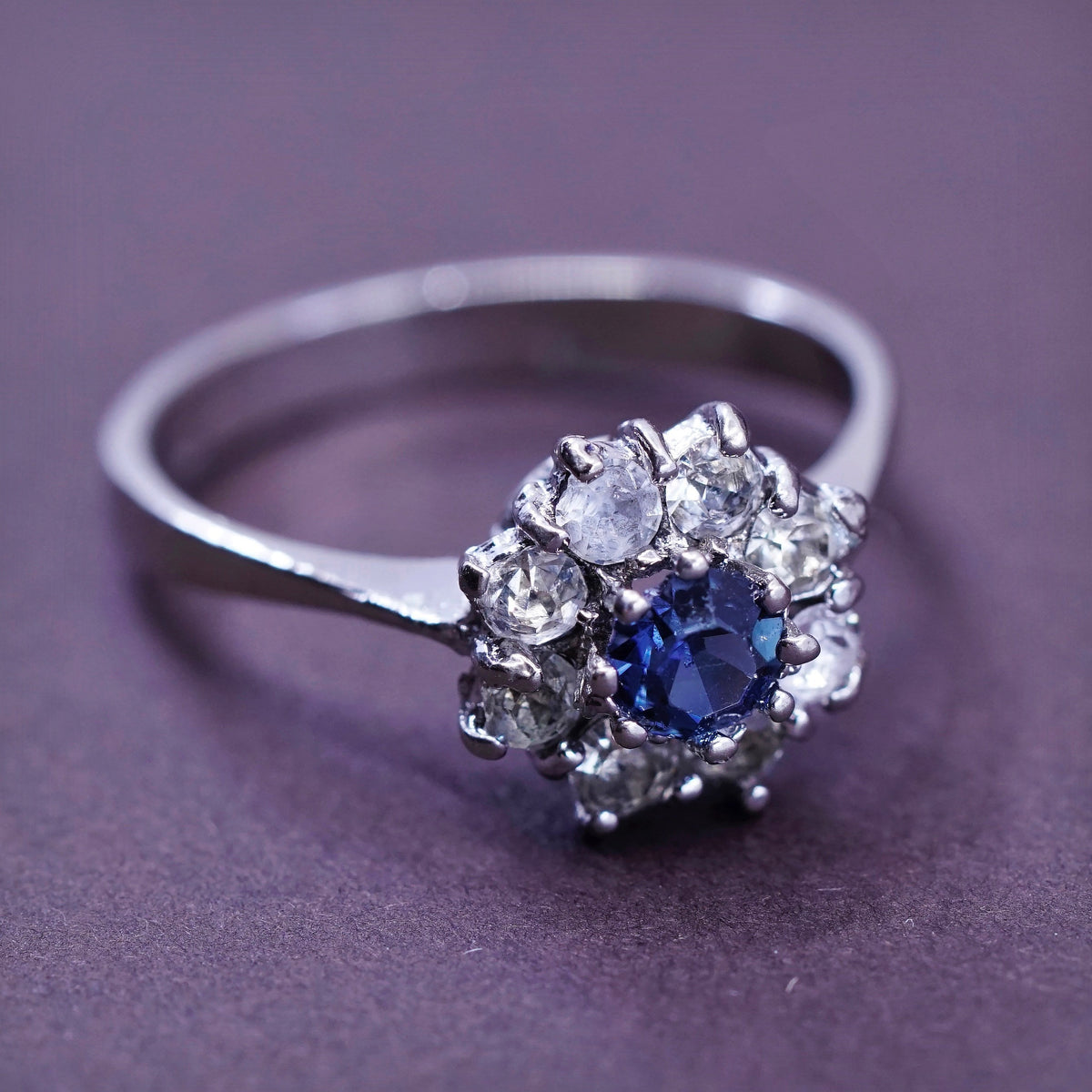 Size 6.5, vintage Sterling 925 silver handmade ring with crystal and sapphire