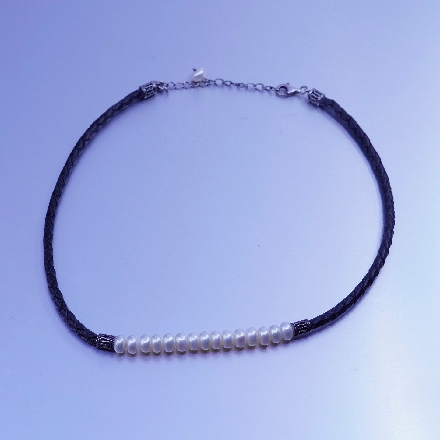 16+2”, freshwater pearl necklace Sterling 925 silver clasp braided leather core
