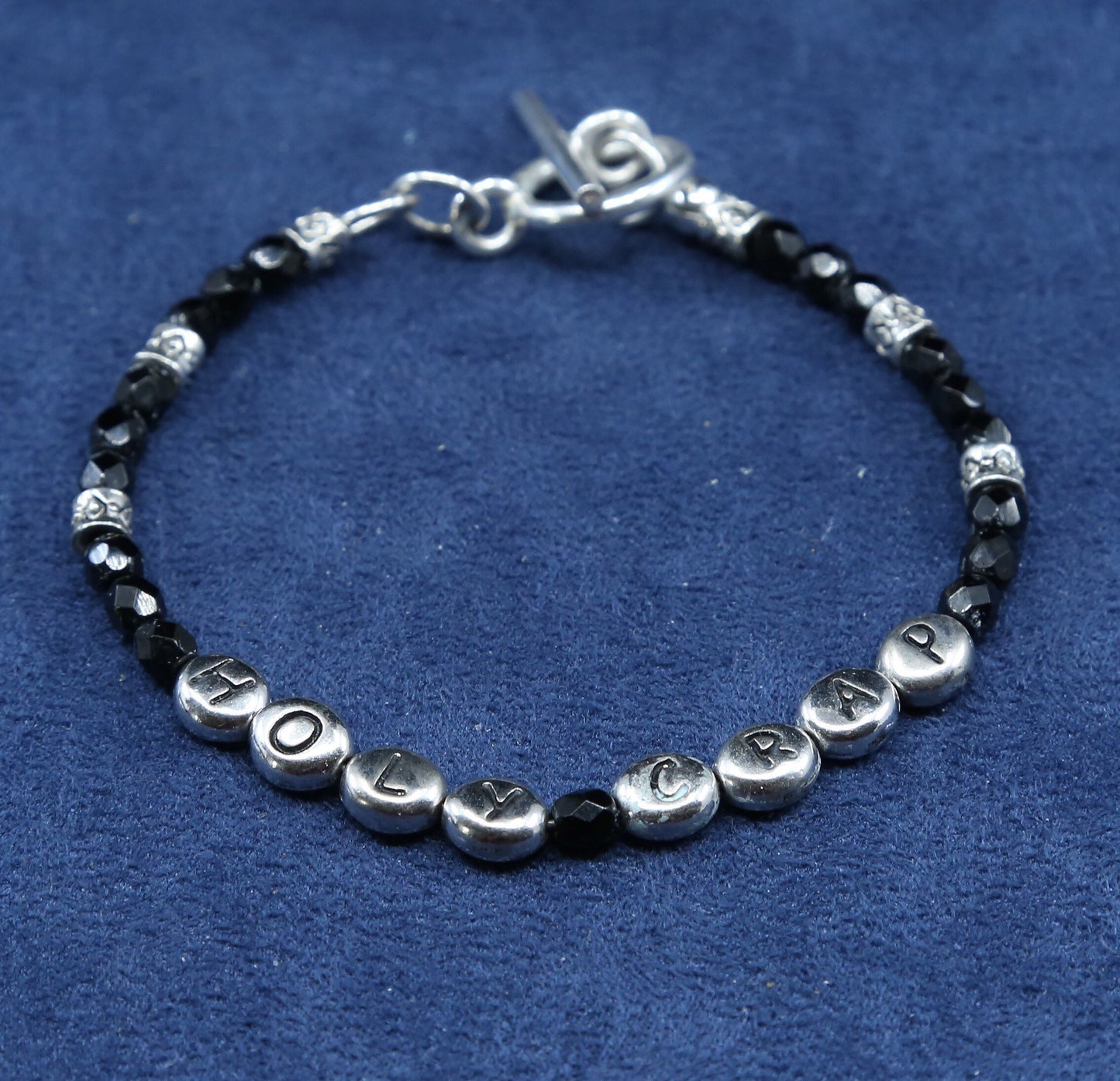 7”, vtg sterling 925 silver handmade bracelet “holy crap” w/ obsidian beads