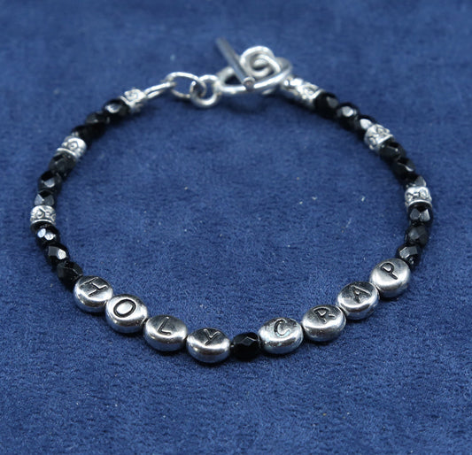 7”, vtg sterling 925 silver handmade bracelet “holy crap” w/ obsidian beads