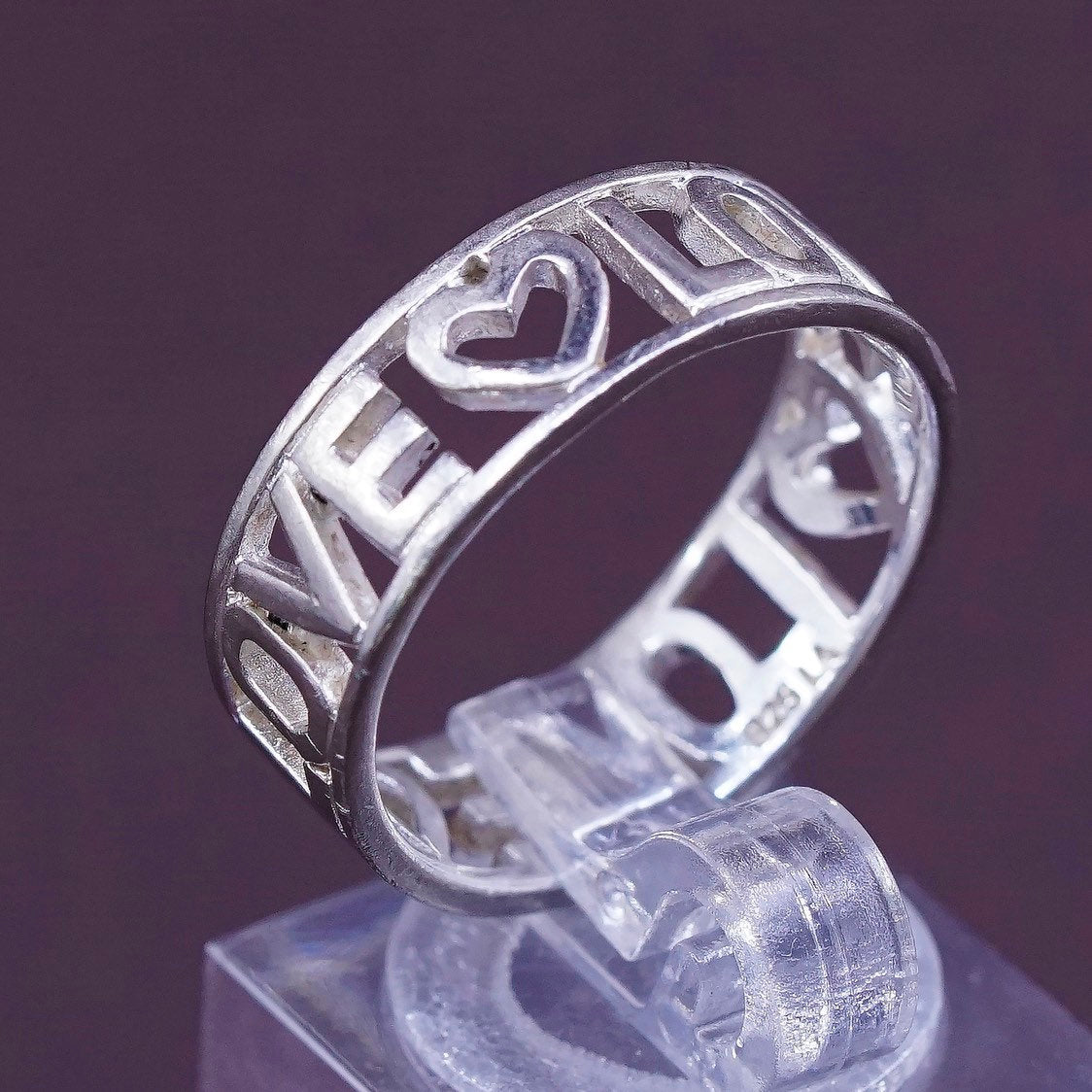 sz 8.75, vtg sterling silver handmade ring, 925 band embossed "love"