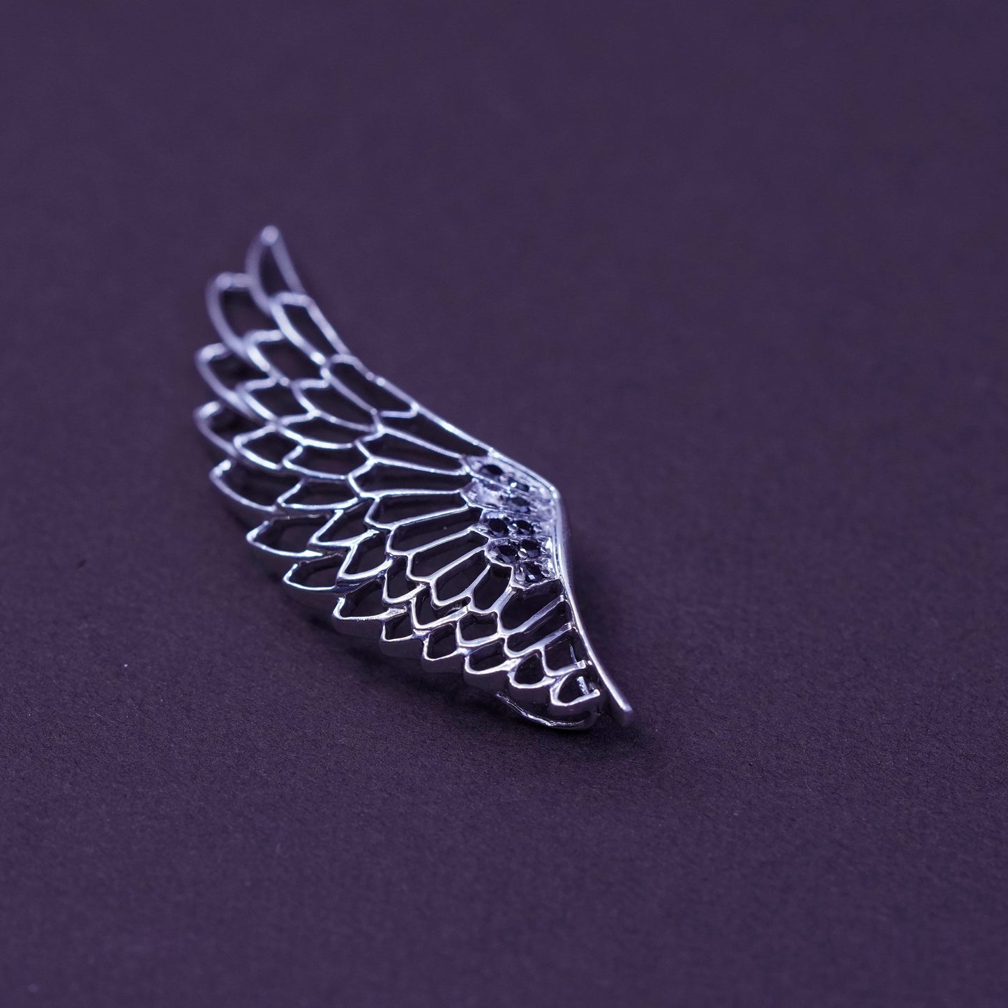 Vintage Sterling silver pendant, 925 silver wing with black diamond