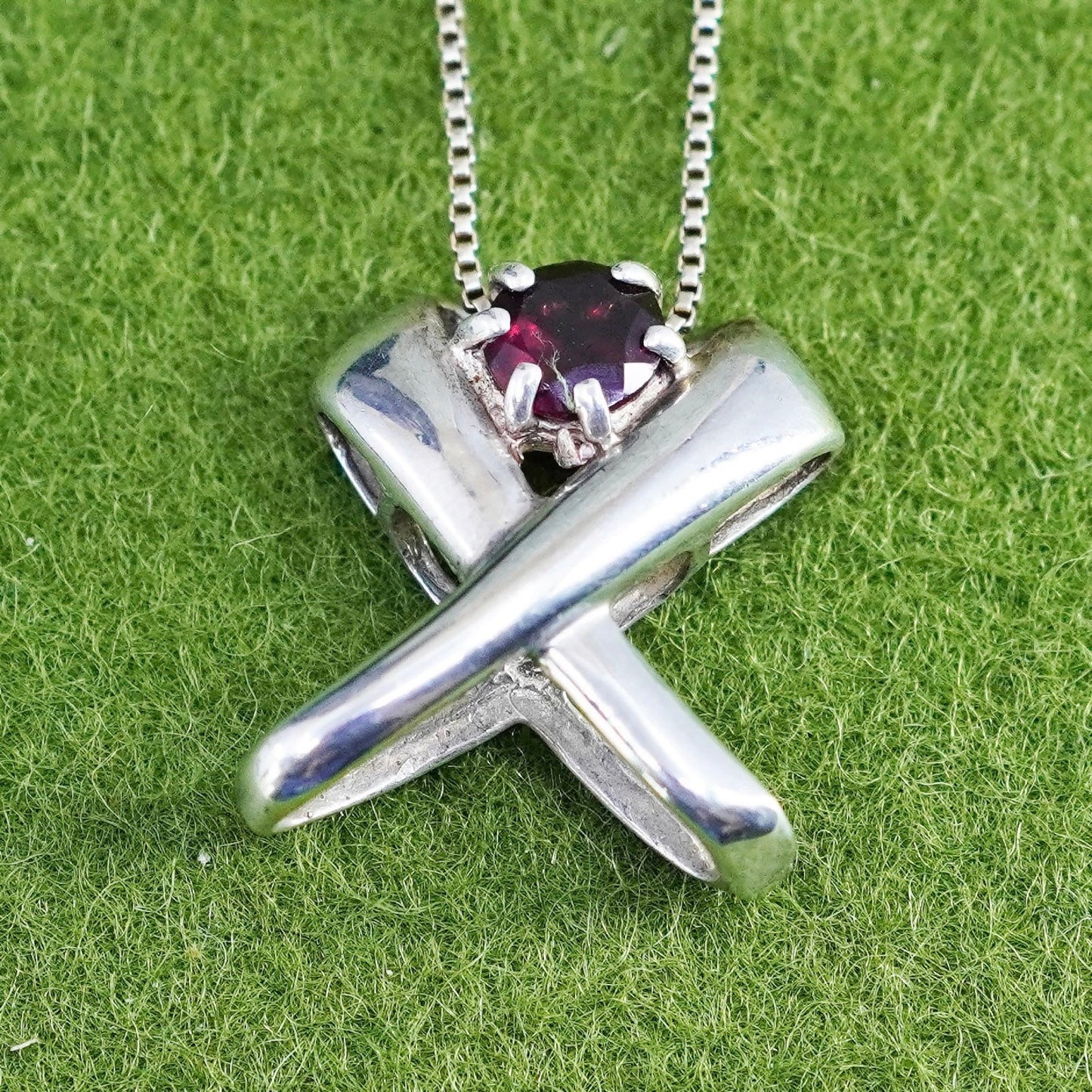 19”, sterling silver handmade necklace, 925 box chain with ruby cross pendant