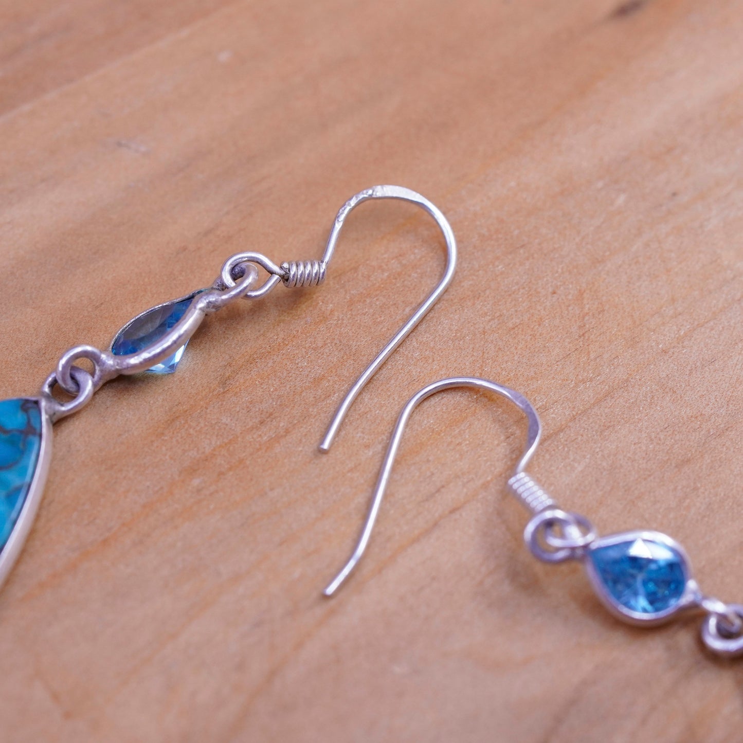 Vintage Sterling 925 silver handmade teardrop earrings with turquoise and topaz
