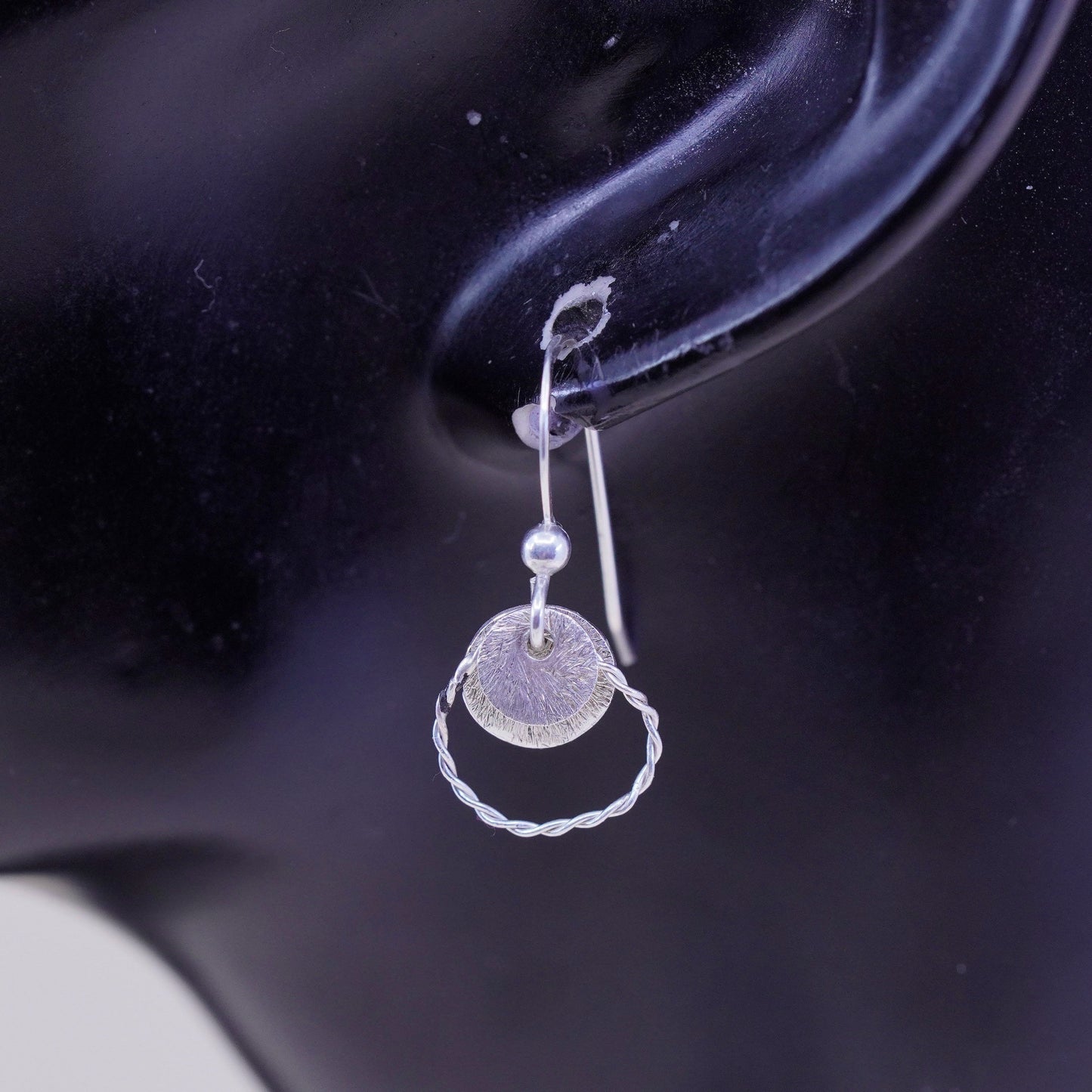 Vintage lightweight Hammered Drop Disc Sterling Silver Earrings, Stamped 925