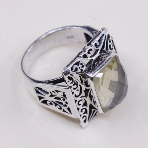 Sz 9, Vtg Sterling Silver Handmade Ring, 925 W/ Checker Cut Chalcedony Aqua