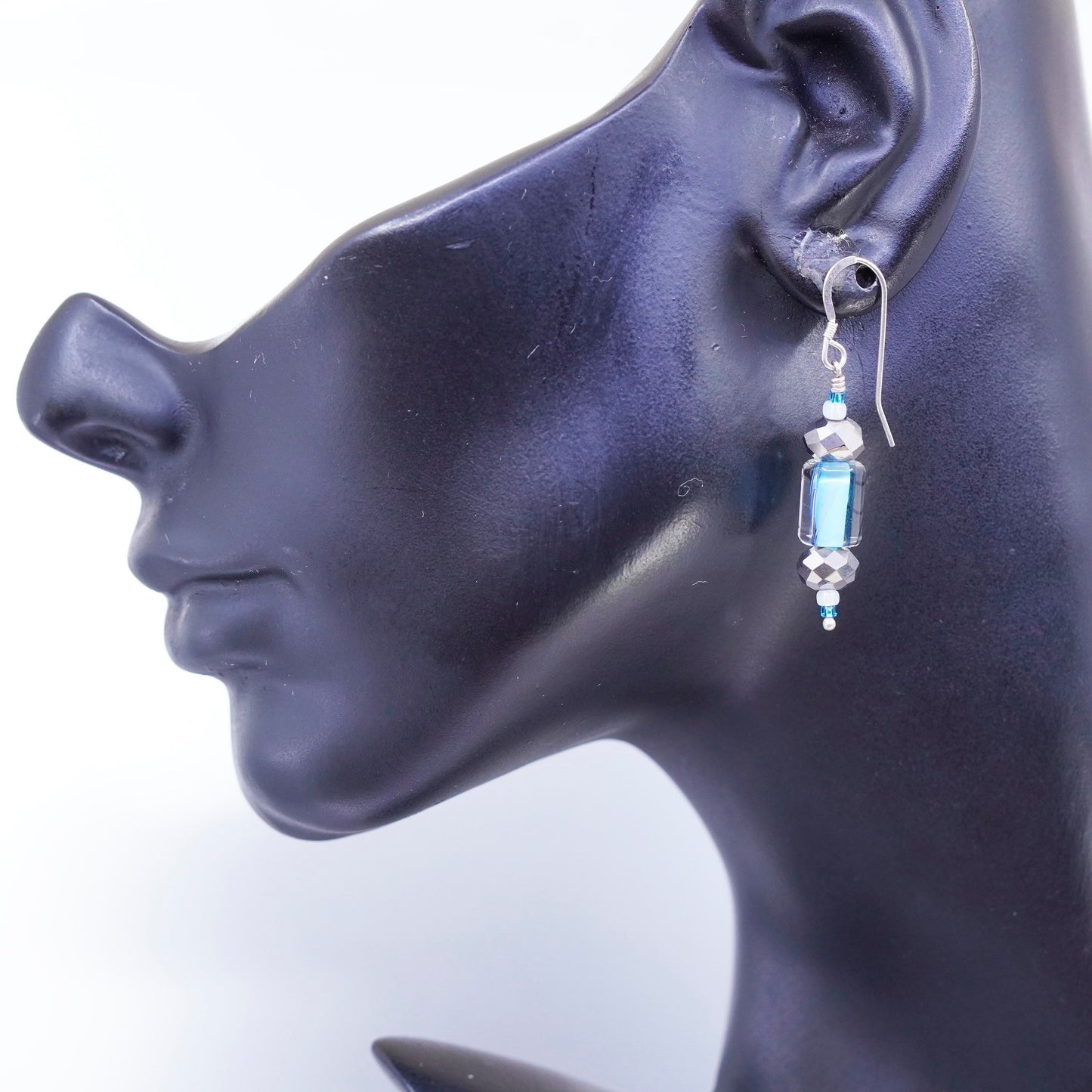 vintage Sterling silver handmade earrings, 925 blue glass tube
