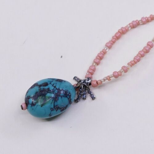16”, Vtg Handmade Sterling 925 Silver W/ green turquoise Necklace N Coral Beads
