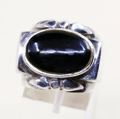 Sz 6.25, Vtg Sterling Silver Handmade Ring, 925 Band W Obsidian N Bali Beads