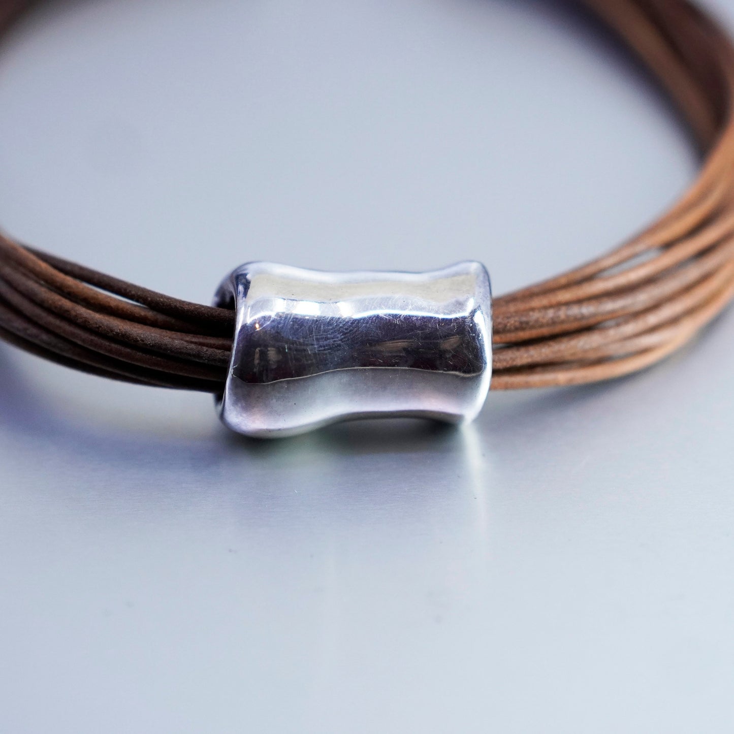 16”, Sterling 925 Silver Multi Strand brown multi strands Leather Necklace