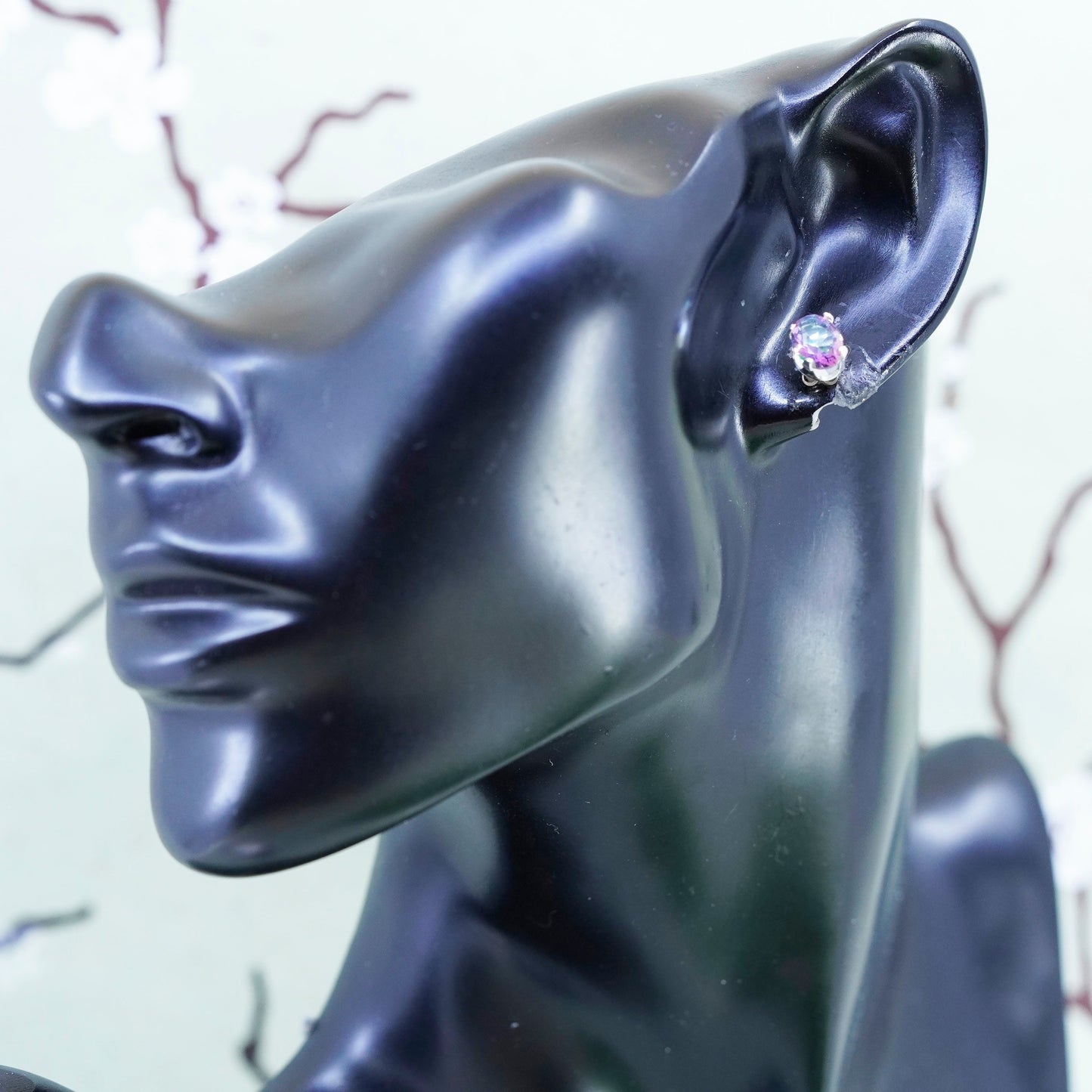Vintage sterling silver genuine rainbow quartz studs, minimalist earrings