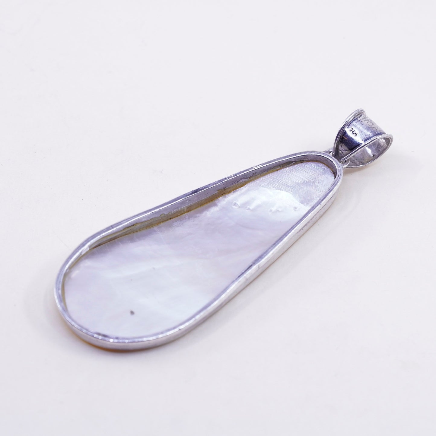 Vintage sterling silver handmade pendant, huge 925 teardrop mother of pearl