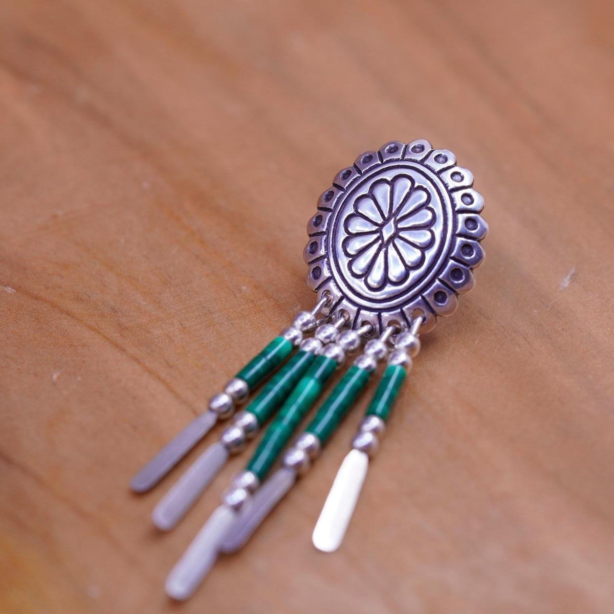 Quoc Turquoise Q.T. Sterling Silver Earrings, 925 studs malachite fringe drops