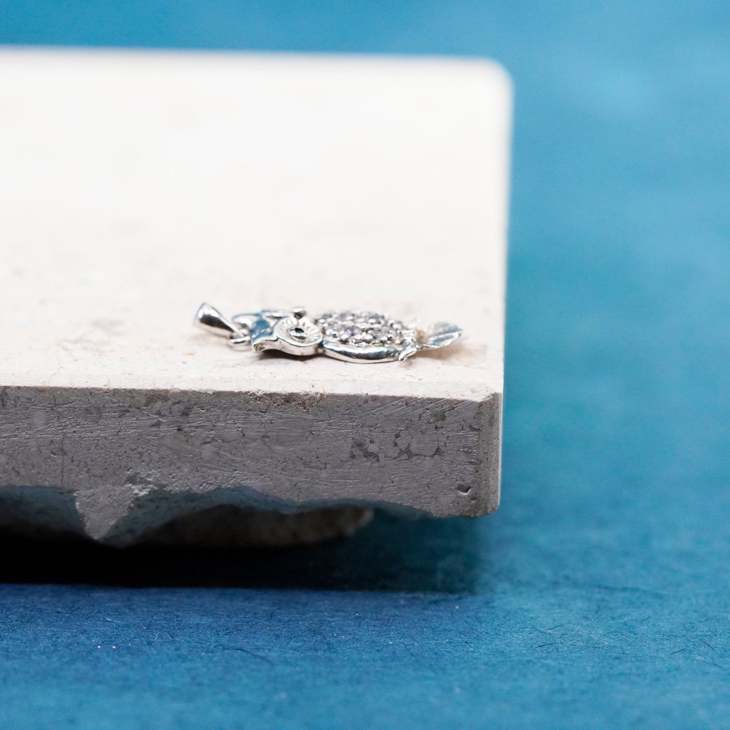Vintage Sterling silver Handmade pendant, 925 owl charm with cz