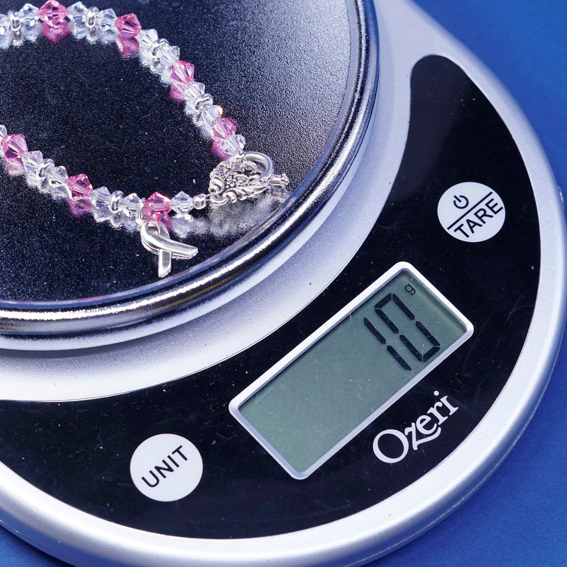 6.5”, vtg sterling silver handmade bracelet, 925 w/ pink crystal beads N toggle