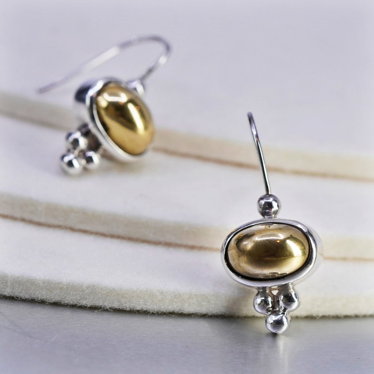 vintage Mexico Sterling silver handmade earrings, 925 dangles with brass center