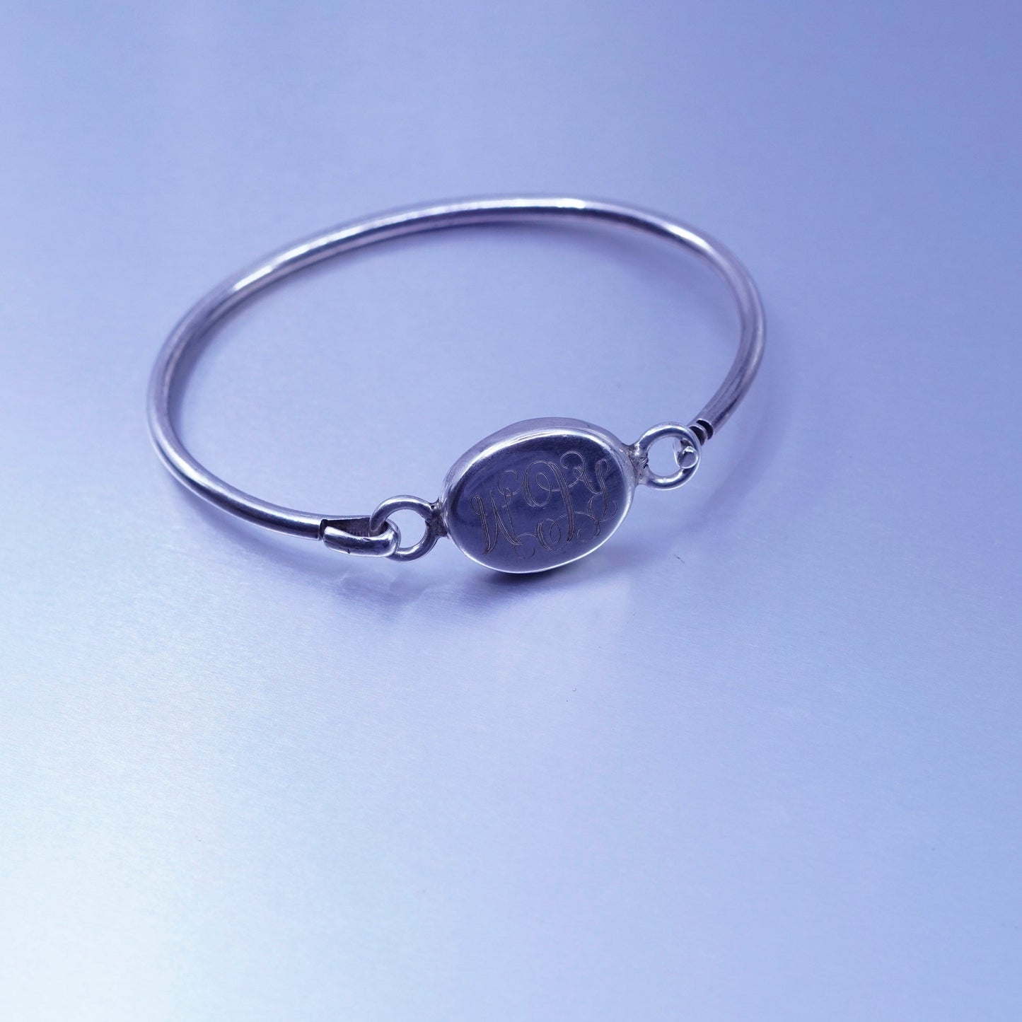 7”, Mexico Sterling 950 silver bracelet, hinged bangle monogram initial “RCM”