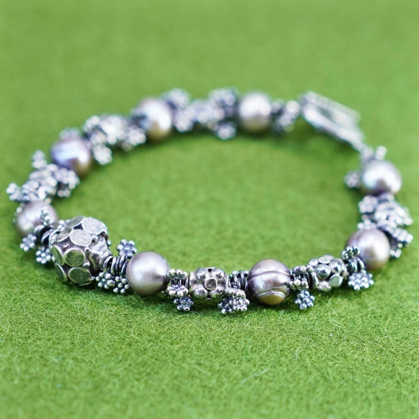 6.75”, Vintage handmade bracelet, pearl beads with sterling 925 silver beads