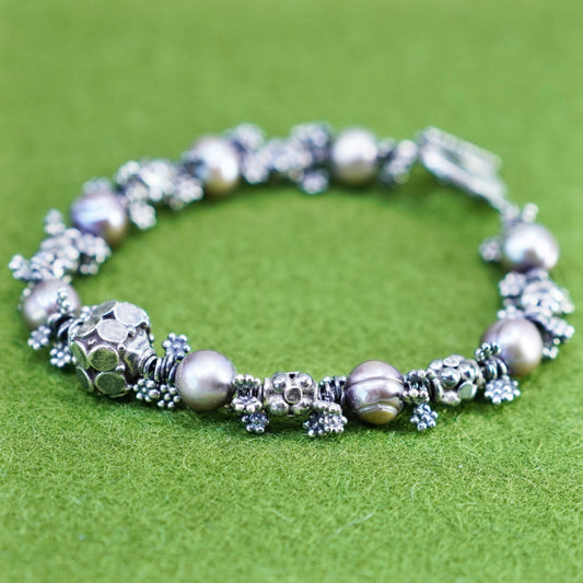 6.75”, Vintage handmade bracelet, pearl beads with sterling 925 silver beads