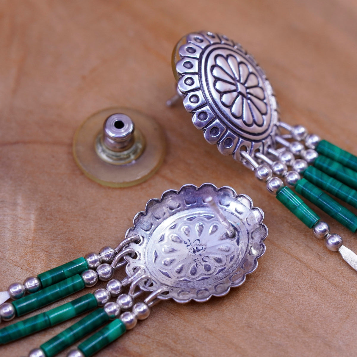 Quoc Turquoise Q.T. Sterling Silver Earrings, 925 studs malachite fringe drops