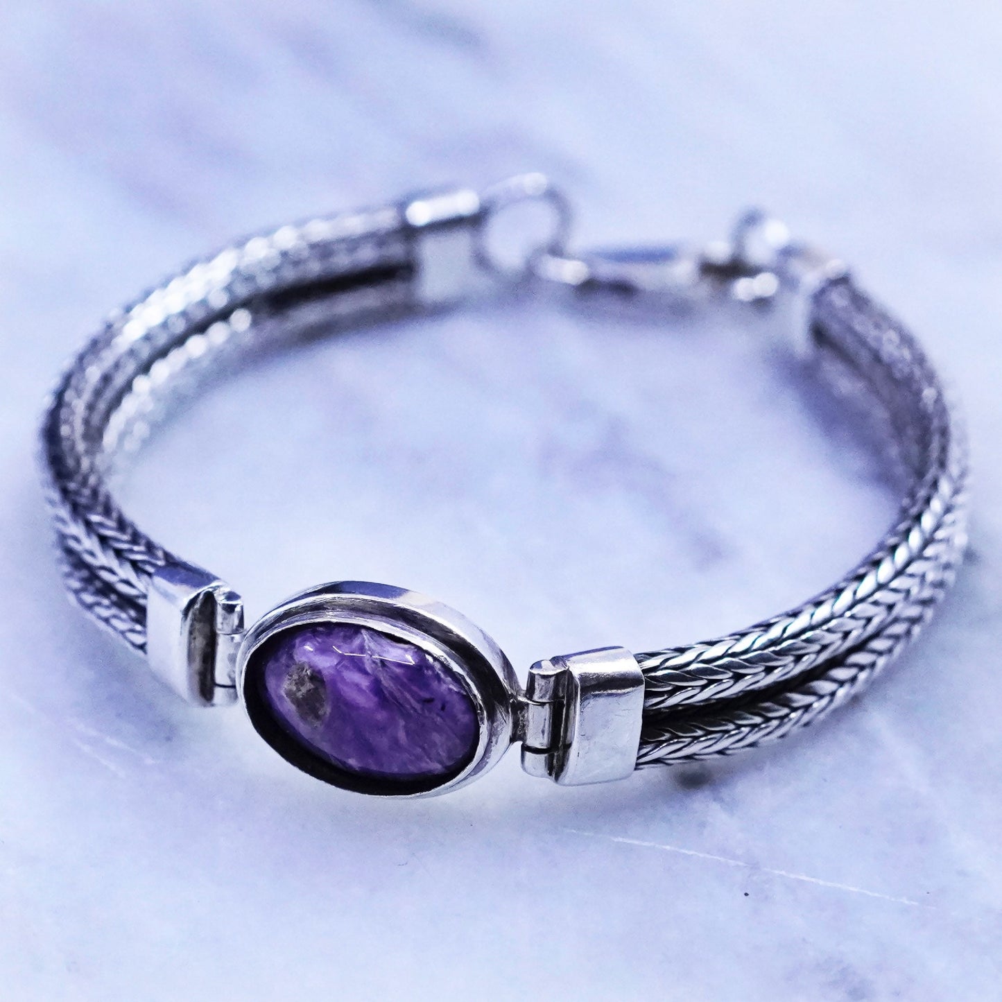 6.5”, heavy Sterling silver bracelet, multi strands 925 wheat chain purple