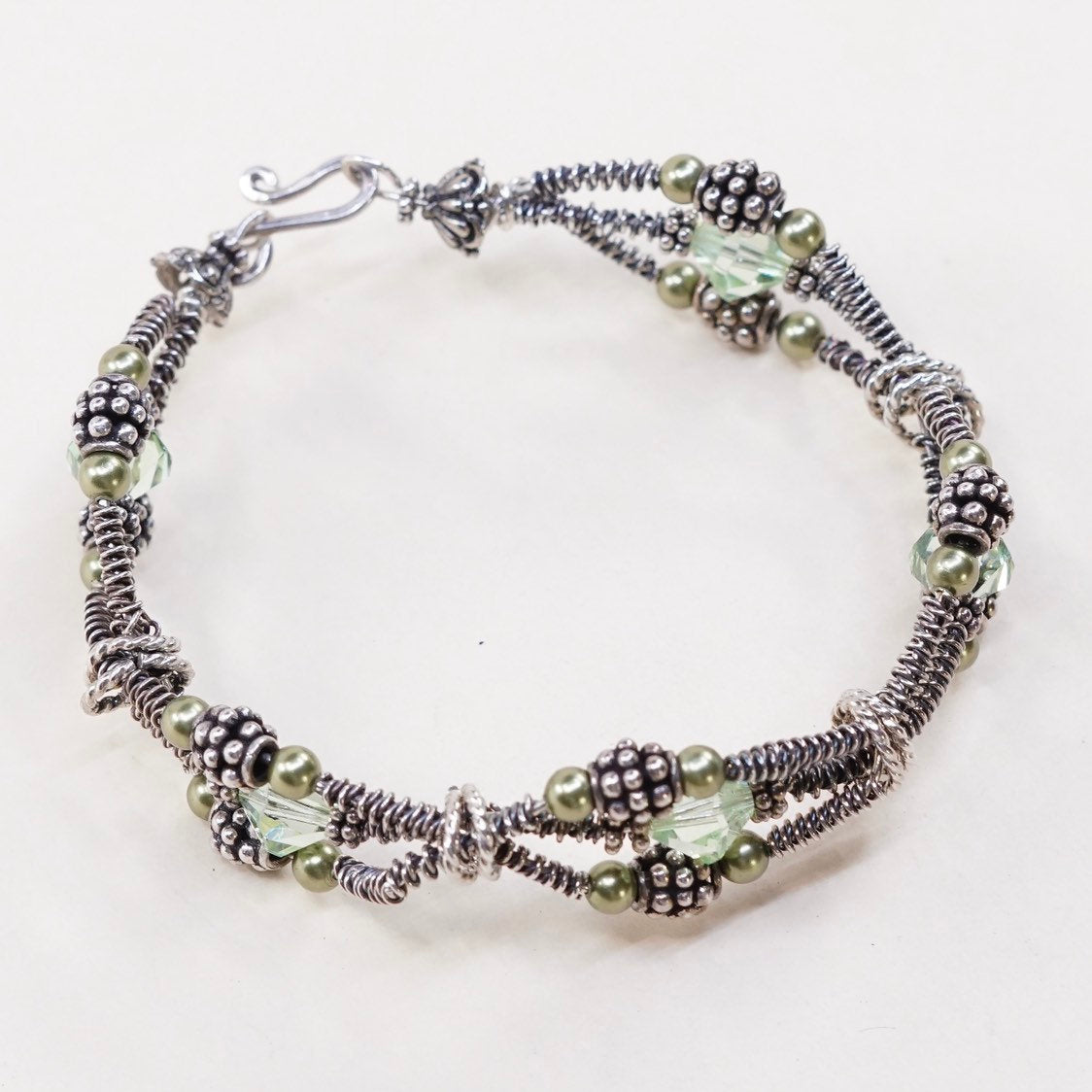 7", VTG sterling silver handmade bracelet, 925 bangle w/ beads N crystal