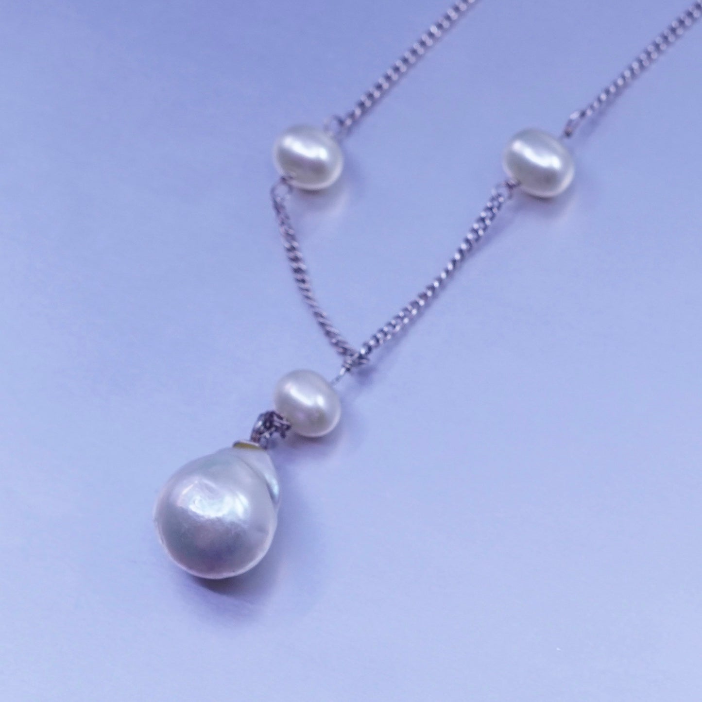 18+2”, Vintage Sterling 925 silver curb chain necklace w/ baroque pearl pendant