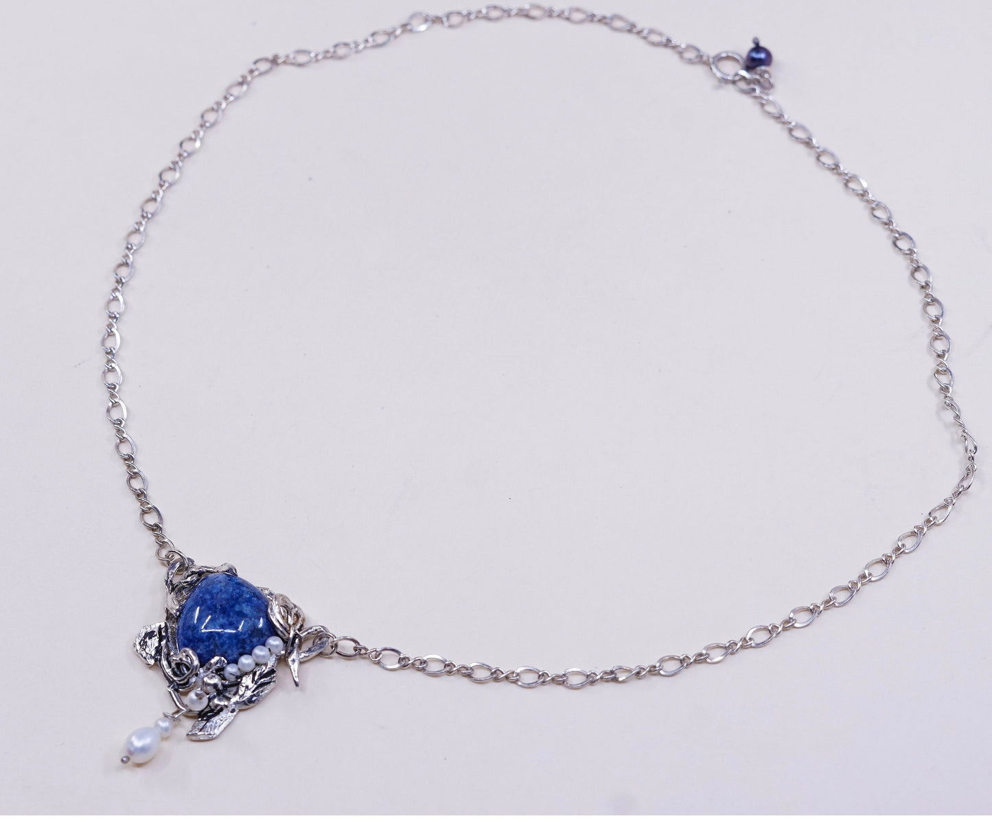 18" Israel sterling silver 925 necklace figaro chain W sodalite pendant N pearl