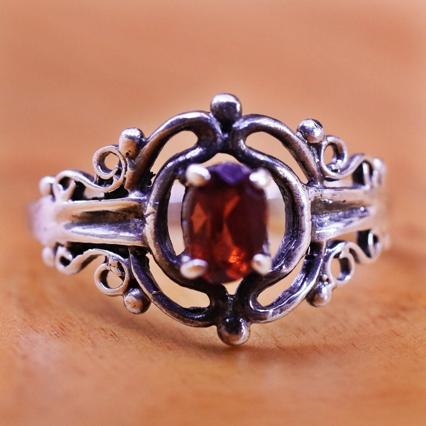 Size 6.25, vintage Sterling 925 silver filigree ring with oval ruby