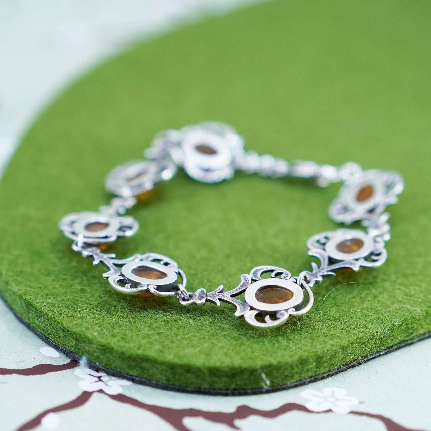 7.5”, Vintage sterling 925 silver handmade tennis bracelet with amber